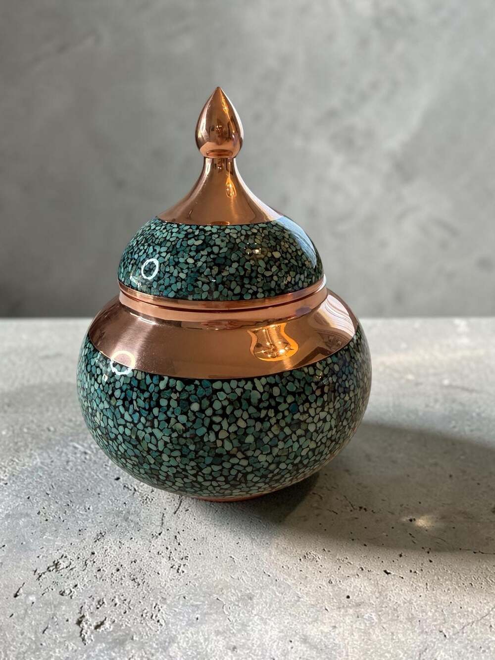 Persian Turquoise Inlaid Copper Sweets Jar